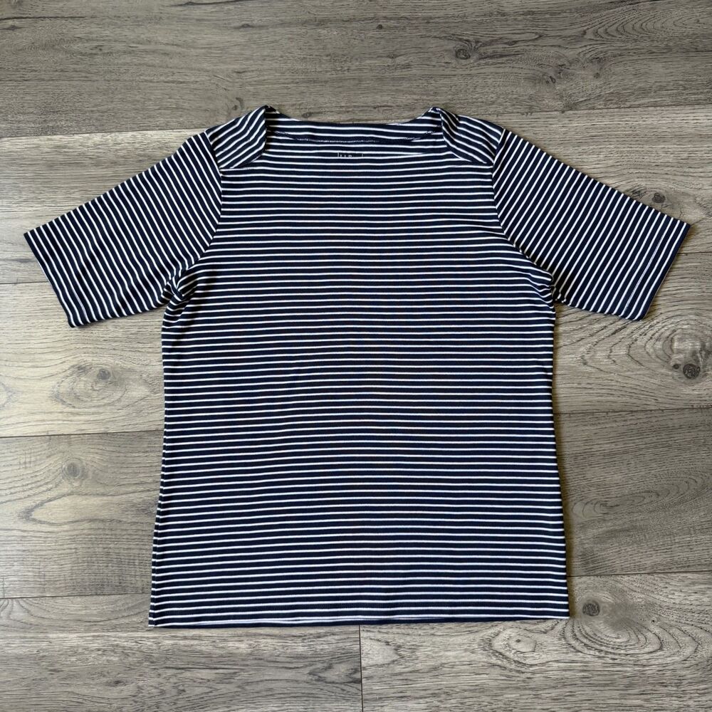 L.L. Bean Women's Supima Cotton Navy & White Striped Boatneck Top - Size Medium